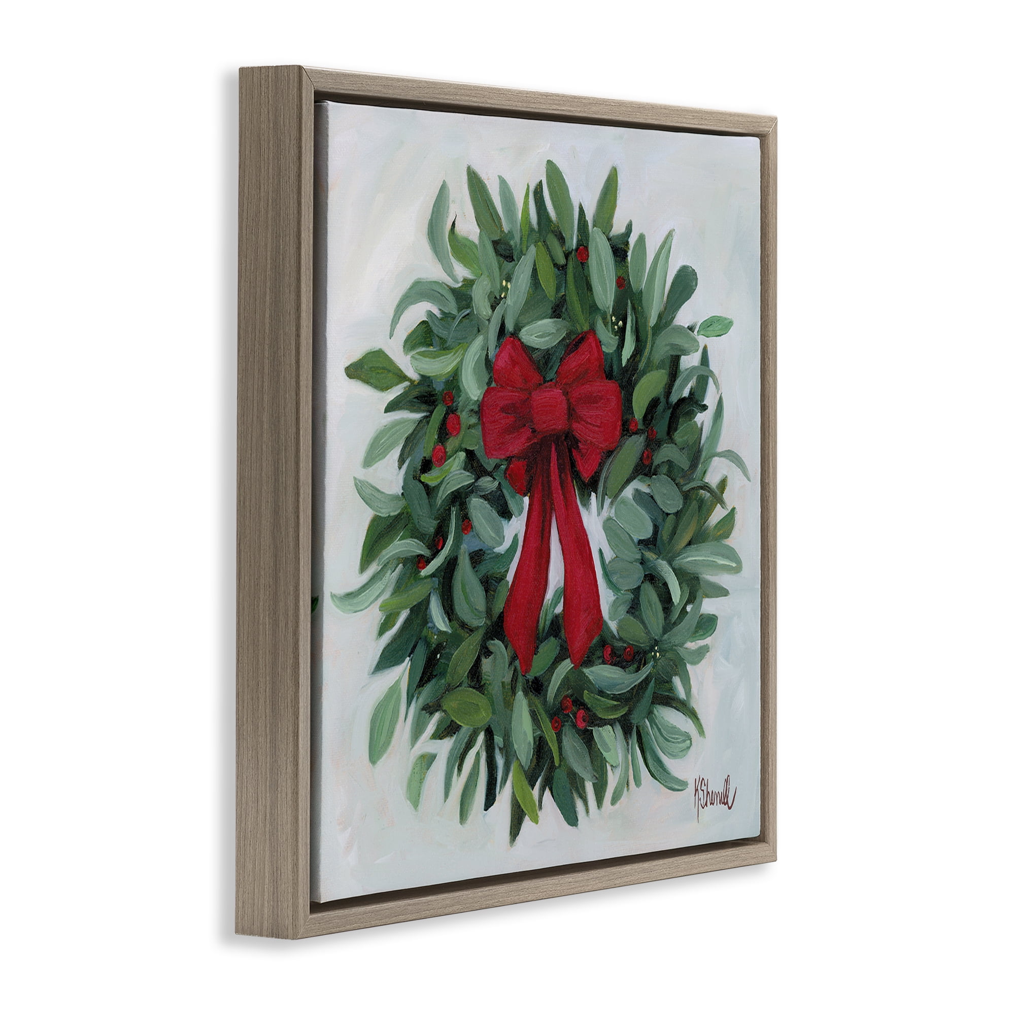 Stupell Industries Wreath with Red Bow Holiday Painting Brown Floater Framed Canvas Art Prints Wall Art, 18 x 18