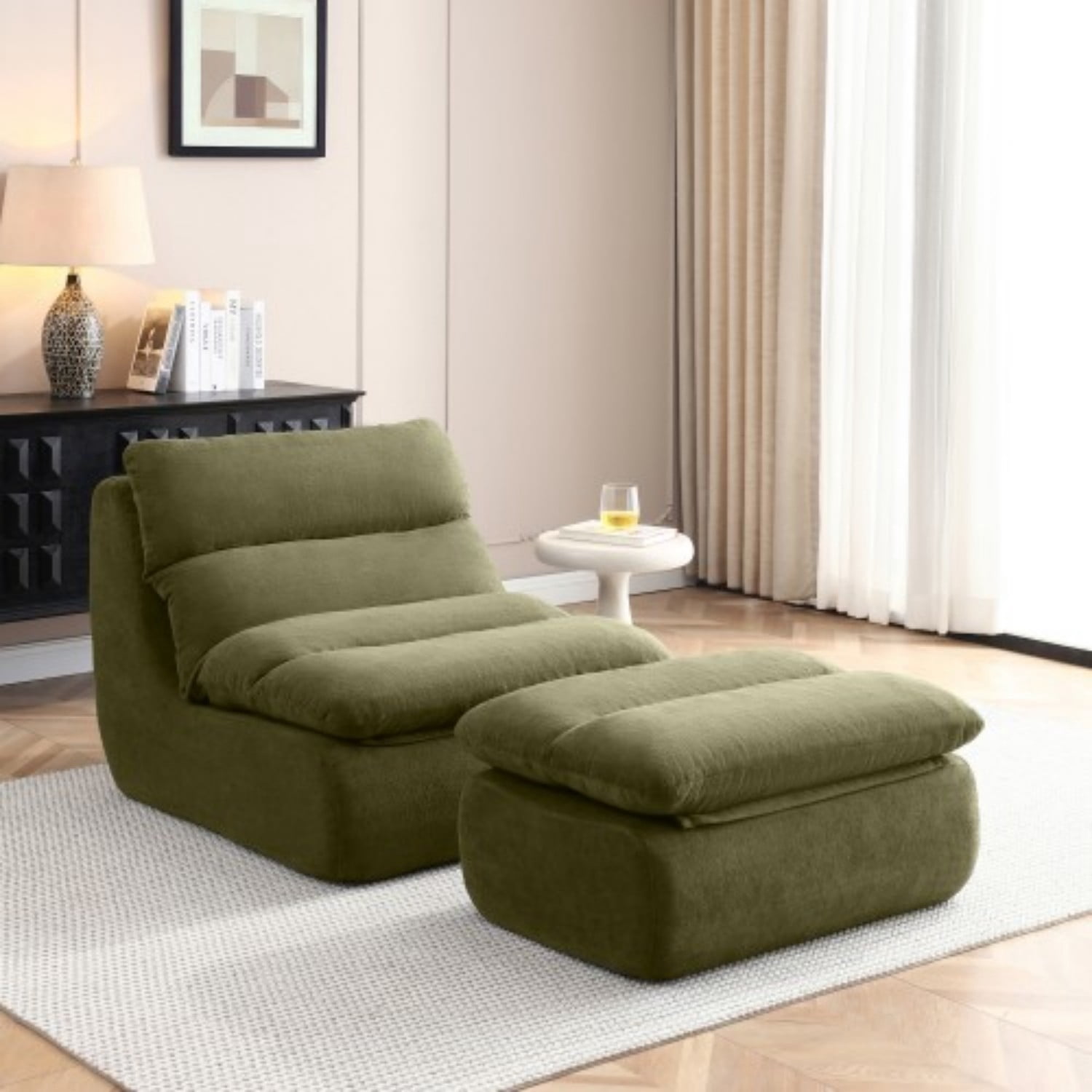 32" Bean Bag Chair with Ottoman, Tufted Upholstered Chaise Lounge Chair for Adults, High Density Foam Lazy Sofa with Footrest for Living Room, Bedroom, Gaming Room & Dorm, Green