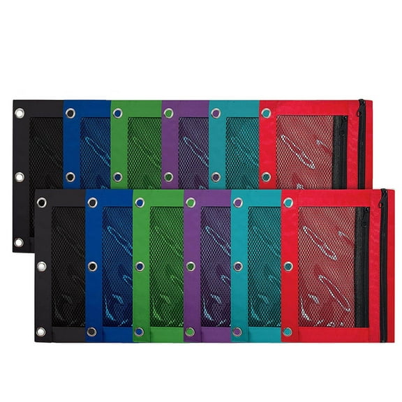 12Pack Pencil Pouch 3 Ring Binder: 3 Ring Binder Pencil Case Bag Zipper Pencil Pouch Bulk Holder Accessories Clear Window Pencil Case Aesthetic Pencil Organizer Pockets(Multicolor)