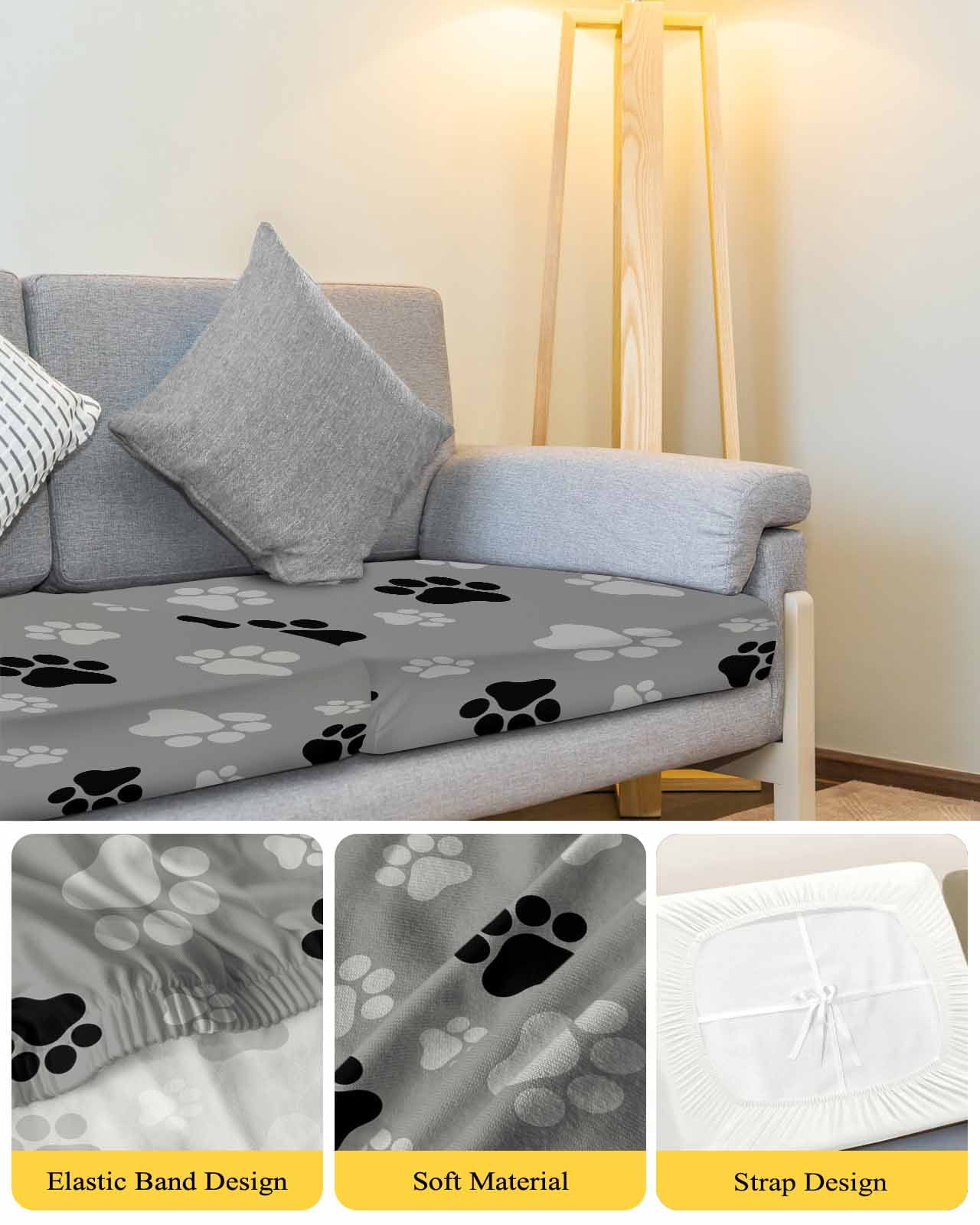 Pet Paw Printed Couch Cushion Covers Stretch, Washable Sofa Seat Covers Individual Seat Cushion Sofa Slipcovers Modern Black Grey Watercolor Dog Claws Couch Cover Furniture Protector S-1PCS