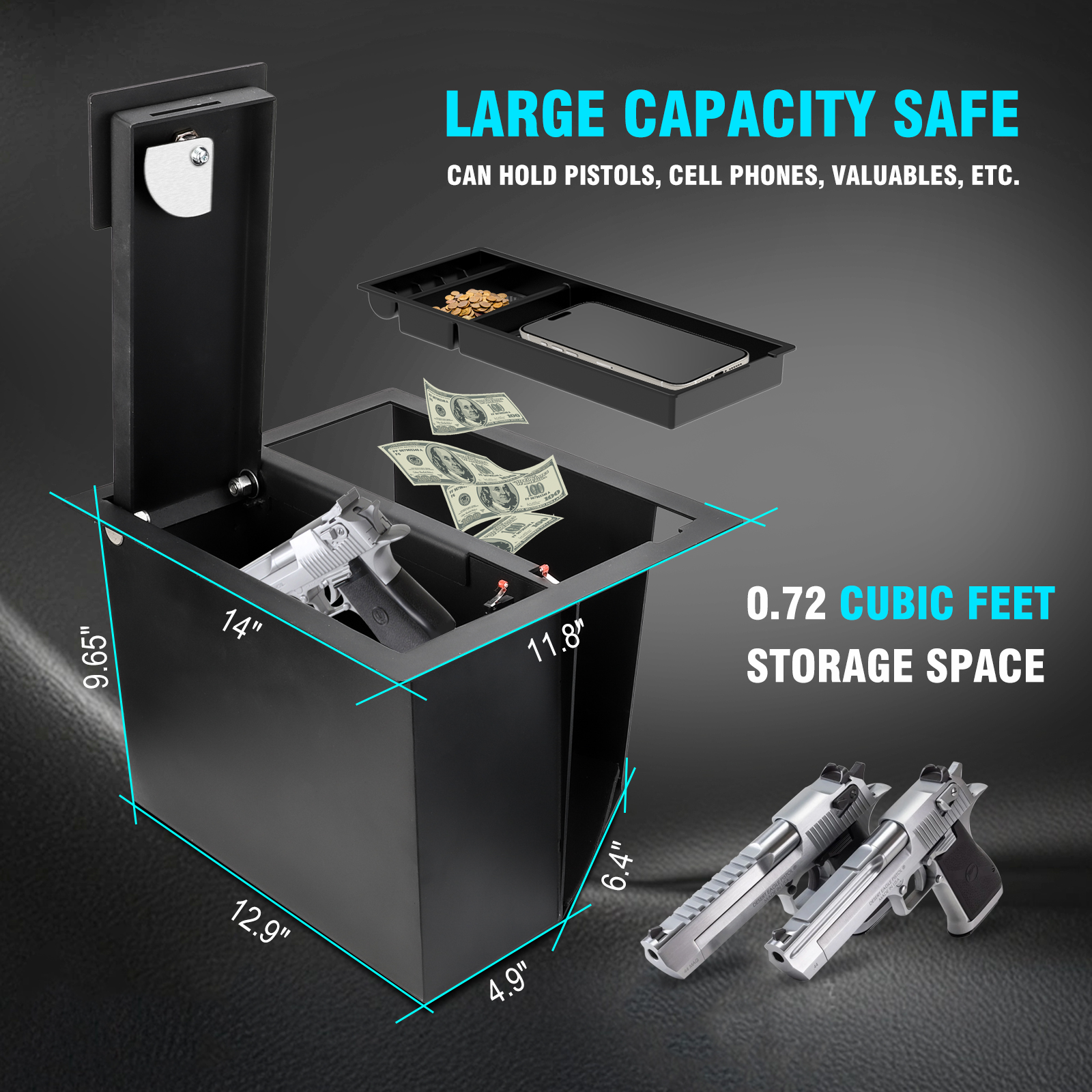 3mirrors Center Console Safe Gun Safe Box with LED Light and Coin Tray Mat Compatible with Toyota Tundra 2014-2021
