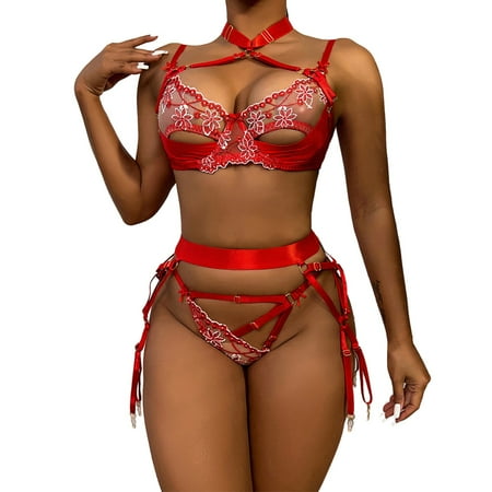 

Women Bodysuit Lingerie Halter Neck Hollow Out Colored Tint Splice 3PCS Set Bralette Chemise Nighty Lingerie