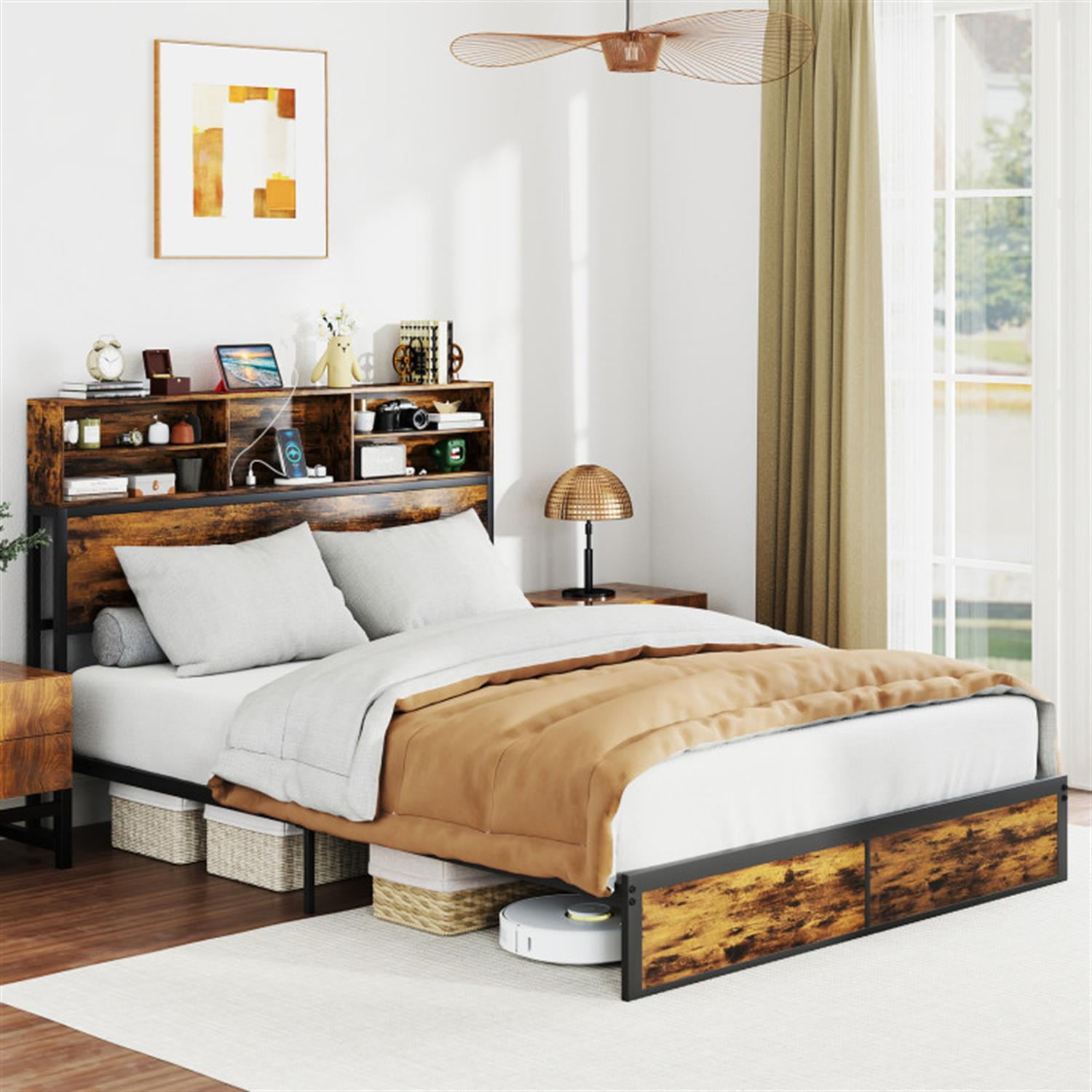 Demi Bonn Queen Size Bed Frame with Wooden Headboard and Footboard, Industrial Metal Platform Bed Frame with Under Bed Storage, No Box Spring Needed, Brown