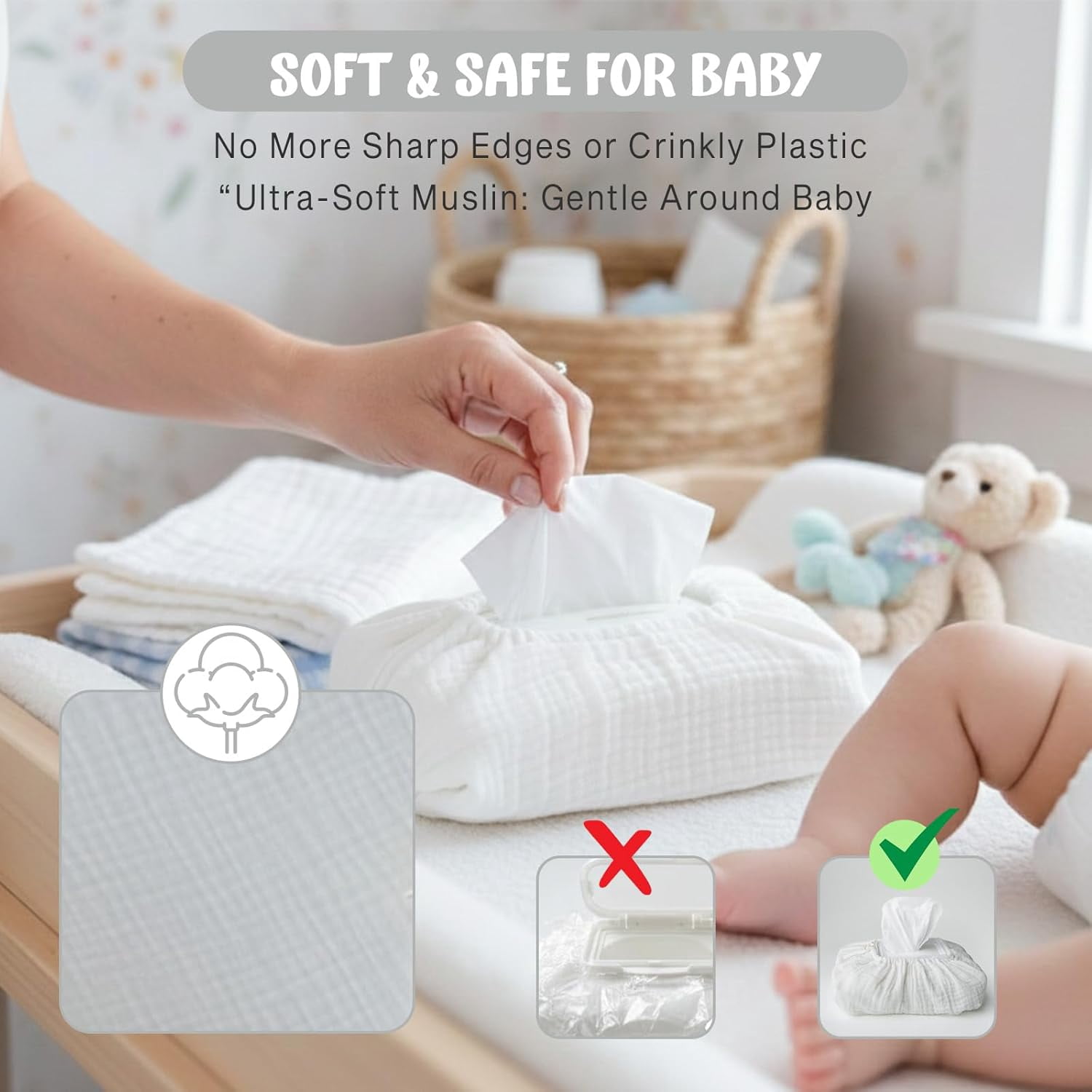 Baby Wipes Cover – Universal Size, One Size Fits All Wipes Packages | Muslin Cotton Tissue Cover for Nursery, Diaper Bag & Changing Table, Station | Gingham & Neutral Patterns (Cream)