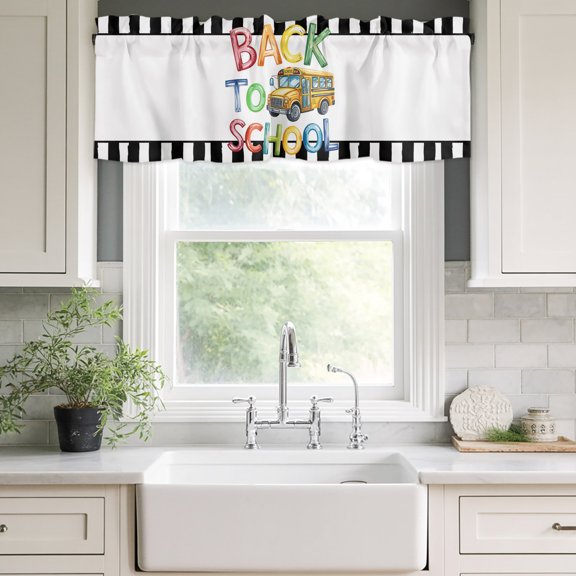 Valances for Windows,Back To Watercolor School Bus Kitchen Curtain Valance Short Rod Pocket Panels Black Stripe White Small Window Treatment for Living Room Bedroom Bathroom,42"Wx12"L