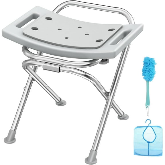 Folding Shower Chair Seat, 17.5" Stainless Steel Small Shower Chair for Inside Shower with Pad, 400lbs Portable Travel Shower Stool, Safety Anti-Slip Bath Chair for Seniors, Disabled, Gray