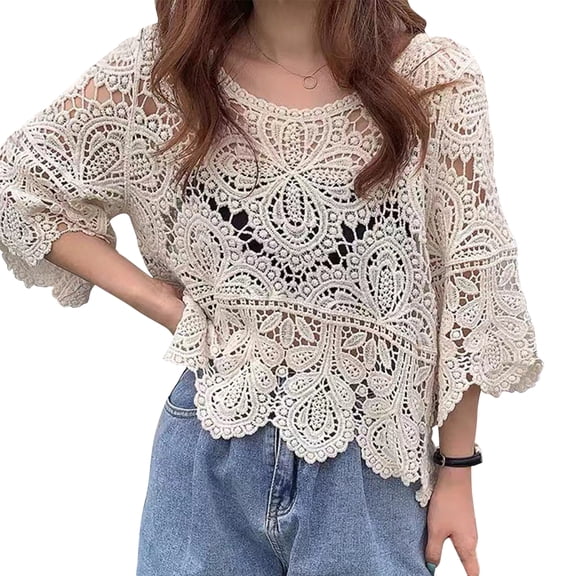 Women French Hollow Out Crochet Knit T-Shirts 3/4 Sleeve Crewneck Floral Lace Loose Blouse Beach Cover Up
