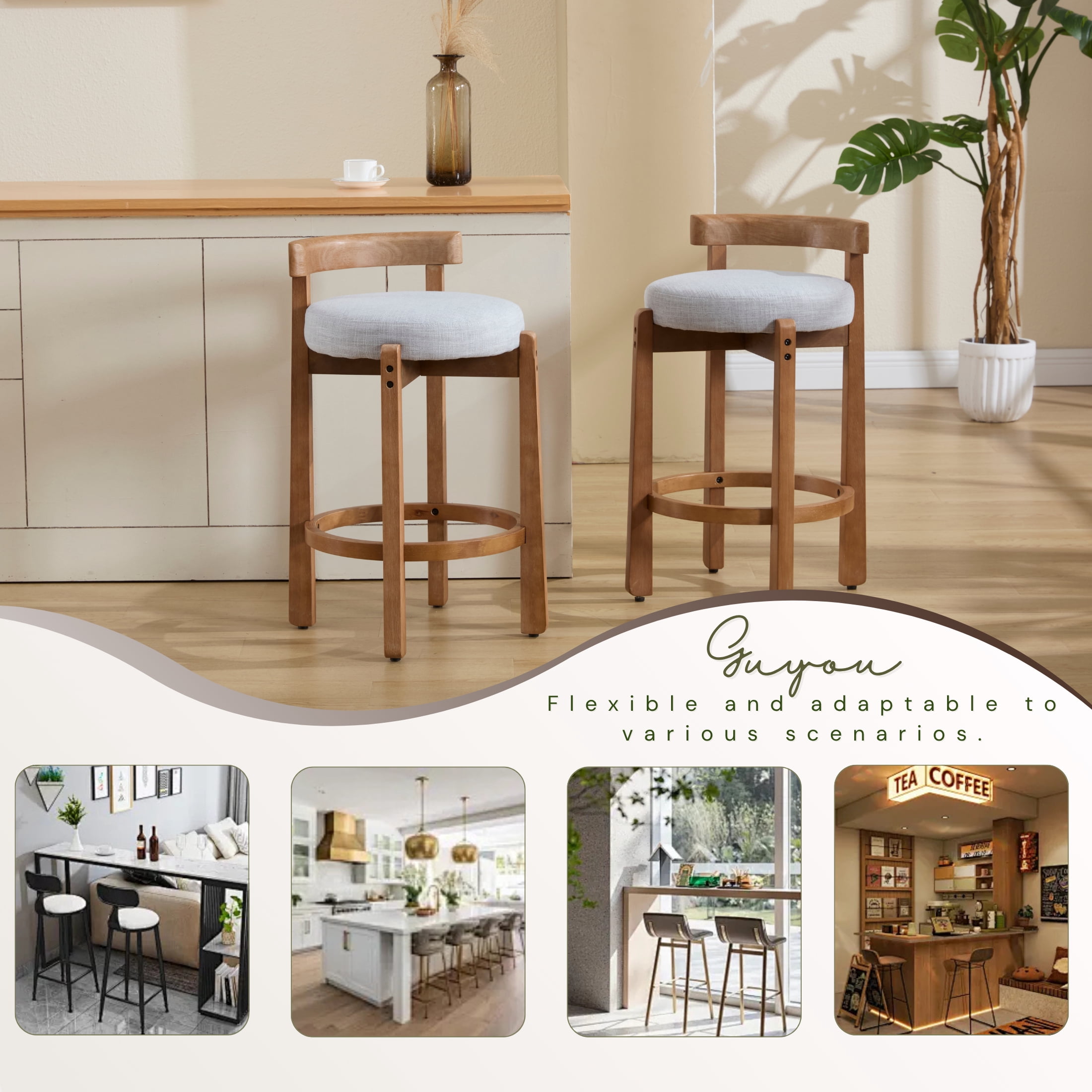 Guyou Counter Height Stools Set of 2, Mid Century Modern 27" Armless Island Bar Stools with Curved Back and Wooden Frame, Round Kitchen Stools with Footrest for Restaurant Bar Kitchen Island, Grey