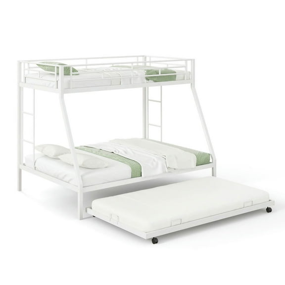 Resenkos Modern Bunk Bed,Twin Over Full Bunk Bed Frame with Trundle for Guest Room-White