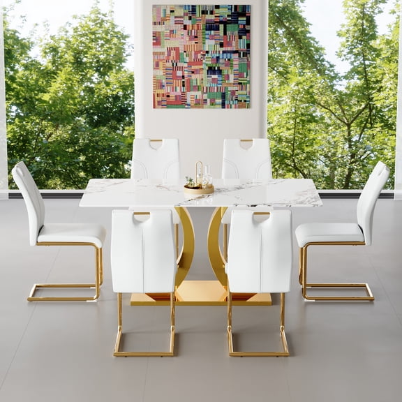Pinovk Marble-Veined Tempered Glass Dining Set with Gold Accents: 63-inch Transformable Table & 6 U-Shaped Armchairs Modern Minimalist Style