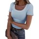 thumbnail image 3 of Roselux Camisetas de verano de manga corta con cuello redondo para mujer, de punto acanalado, ajustadas, informales, básicas, 3 of 5