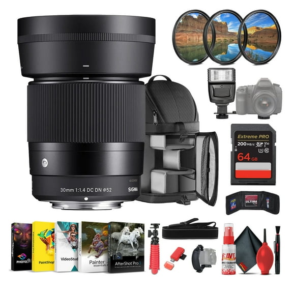 Sigma 30mm f/1.4 DC DN Contemporary Lens (Canon RF) 302972 Bundle Includes: Backpack, Flash, Memory Card, Card Wallet, Filter Kit, 12 Inch Tripod, Card Reader, Blower Brush, Hand Strap   More