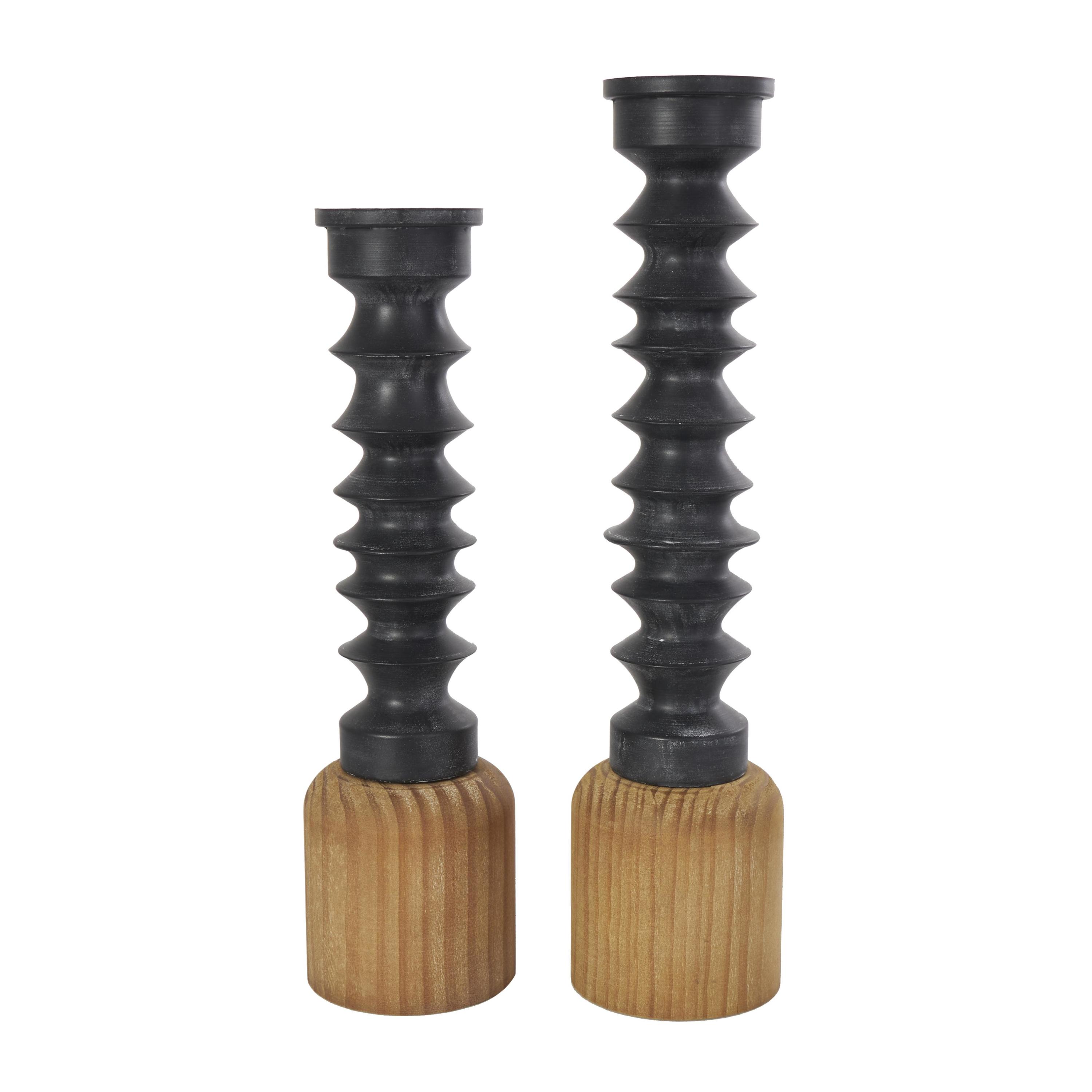 DecMode 2 Candle Black Metal Turned Style Candle Holder with Brown Wood Bases, Set of 2