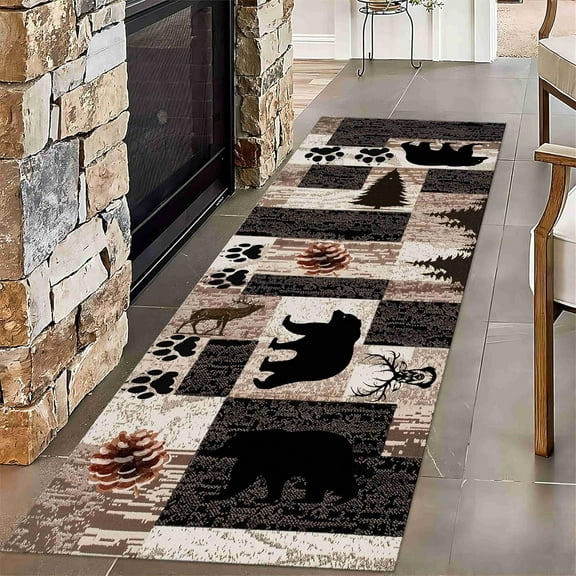 Rustic Lodge Runner Rug,2x7ft,Western Country Bear Elk Deer Wildlife Log Design,Forest Landscape Hunting Theme Rug,with Non Slip Backing Washable Rugs, Non Slip Pet Friendly Rug for Hallway