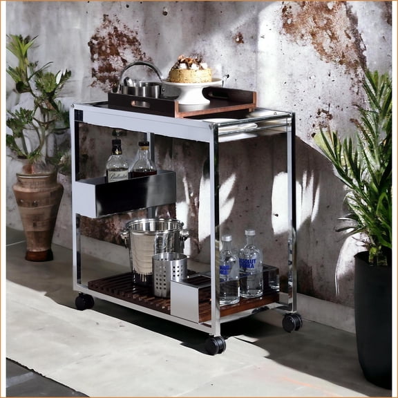 Modern Serving Cart with Wine Rack, Stemware Shelf & Casters | Chrome, Metal
