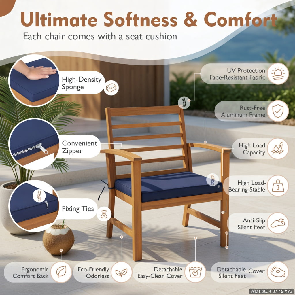 Hommoo 3-Piece Acacia Wood Outdoor Patio Furniture Set with Cushions, Durable Backyard Seating for Poolside, Porch, or Deck, Navy