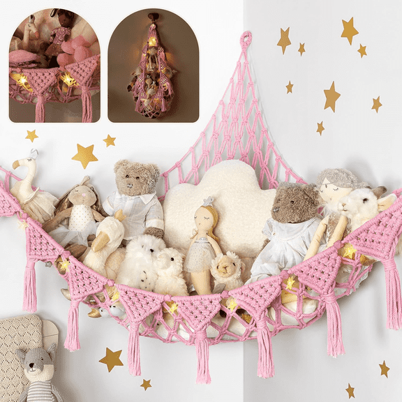 JOWBOOW Macrame Cotton Corner Stuffed Animal Hammock, 1 Count, 41.5 x 41.5 x 55 in, Pink