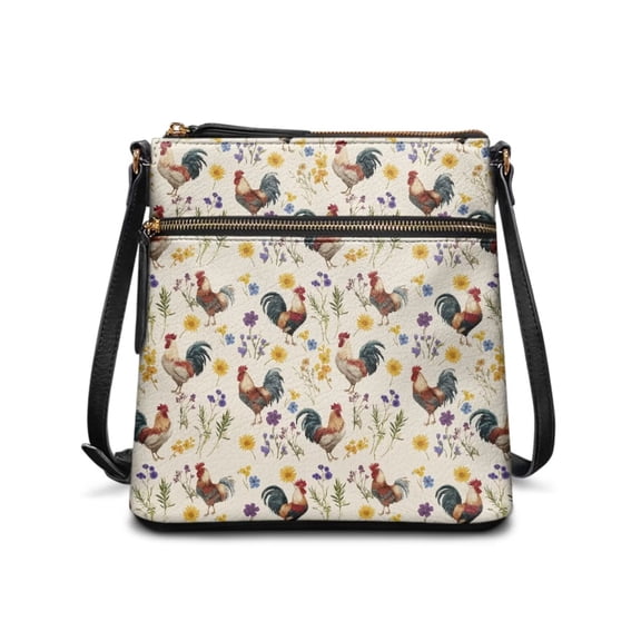 Chririnla Chicken Floral Print PU Leather Cross Body Bag for Women Zipper Purse Crossbody Handbag