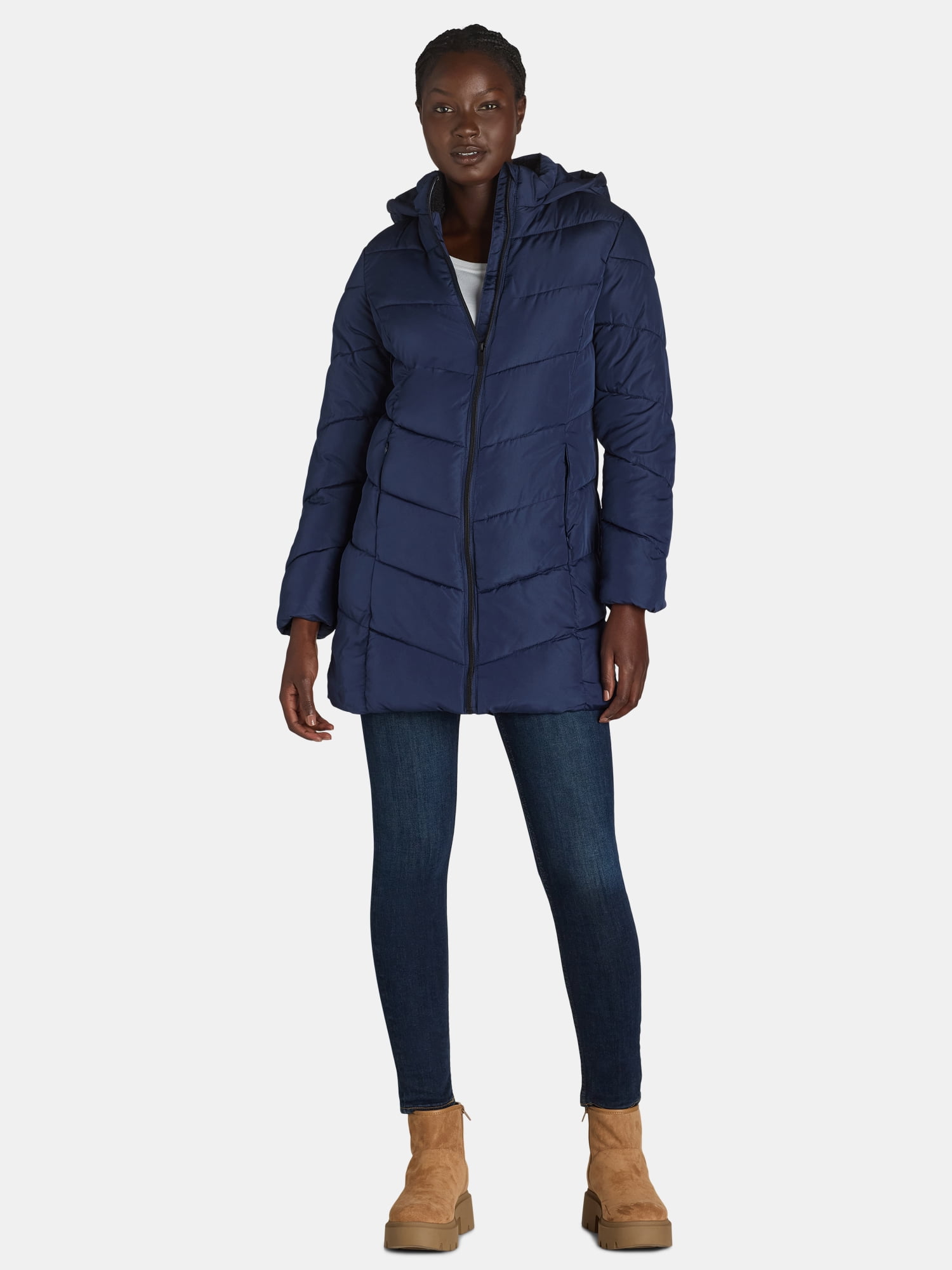 Big Chill Women's and Women's Plus Chevron Quilted Puffer Jacket with Hood, Sizes S-3X