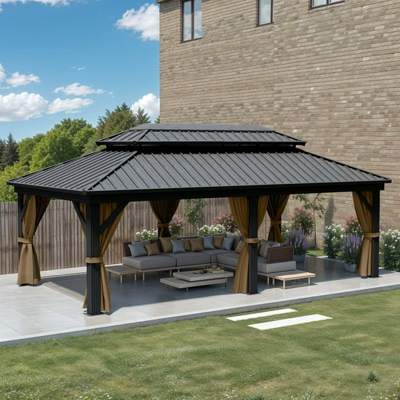 Dextrus 12x18ft Outdoor Hardtop Gazebo with Netting & Brown Curtains,Double Roof Outdoor Galvanized Iron Aluminum Frame Garden Tent for Patio, Backyard, Black&Brown