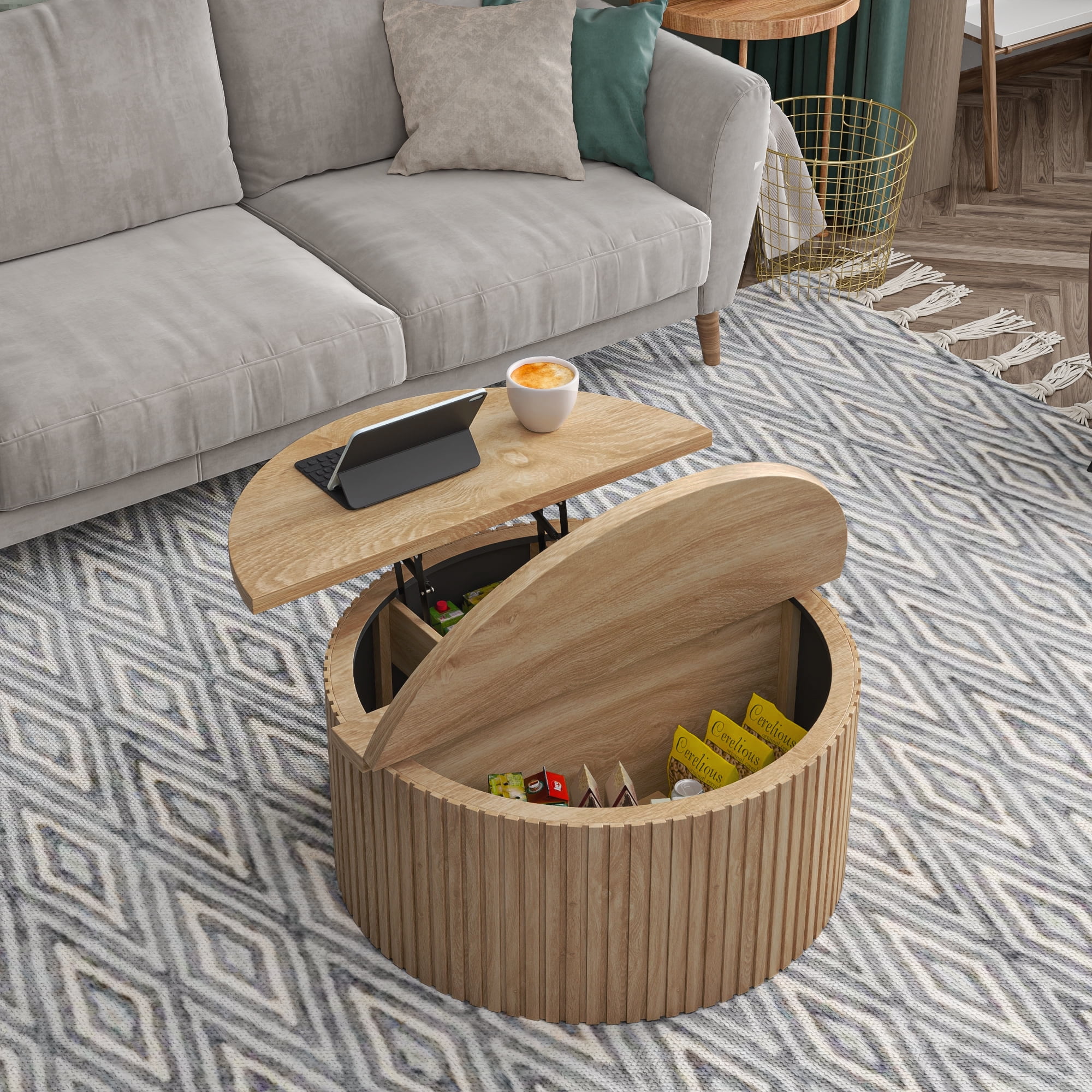 Round Coffee Tables for Living Room, Lift Top Coffee Table with Storage, Round Wood Center Table