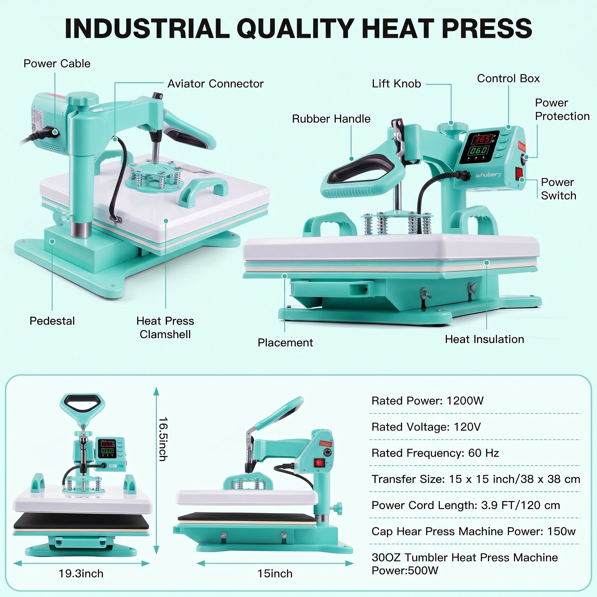 Adnoom Heat Press Machine 15x15 8 in 1, 1200W Sublimation Heat Transfer Machine Combo, 360° Swing Away, Digital Heat Press for Tshirt Plate Cap Mug, Green