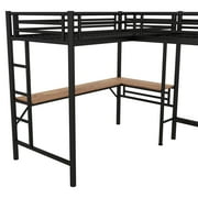 Euroco Metal L-Shaped Twin Size Loft Bed with Two Desk for Kids Teens Bedroom, Black