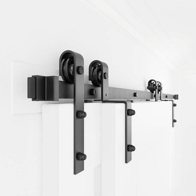 WINSOON 4FT Single Track Bypass Barn Door Hardware Double Doors Kit,J Style Hanger Black finish