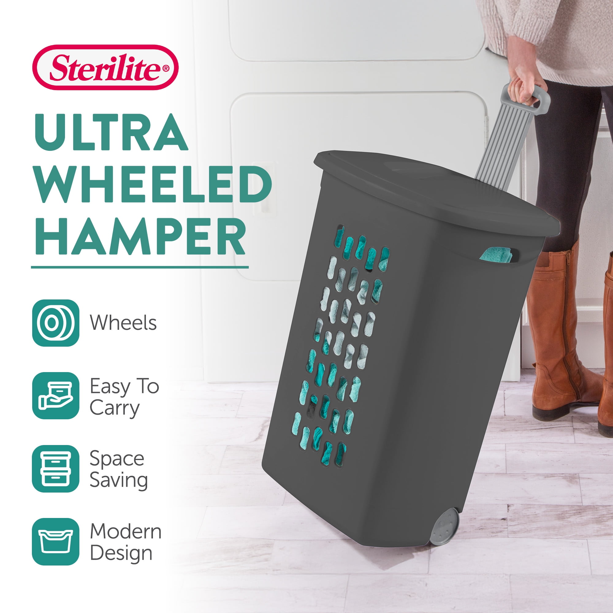 Sterilite 3-Pack Ultra Wheeled Hamper, Laundry Basket with Lid and Handle, Flat Gray