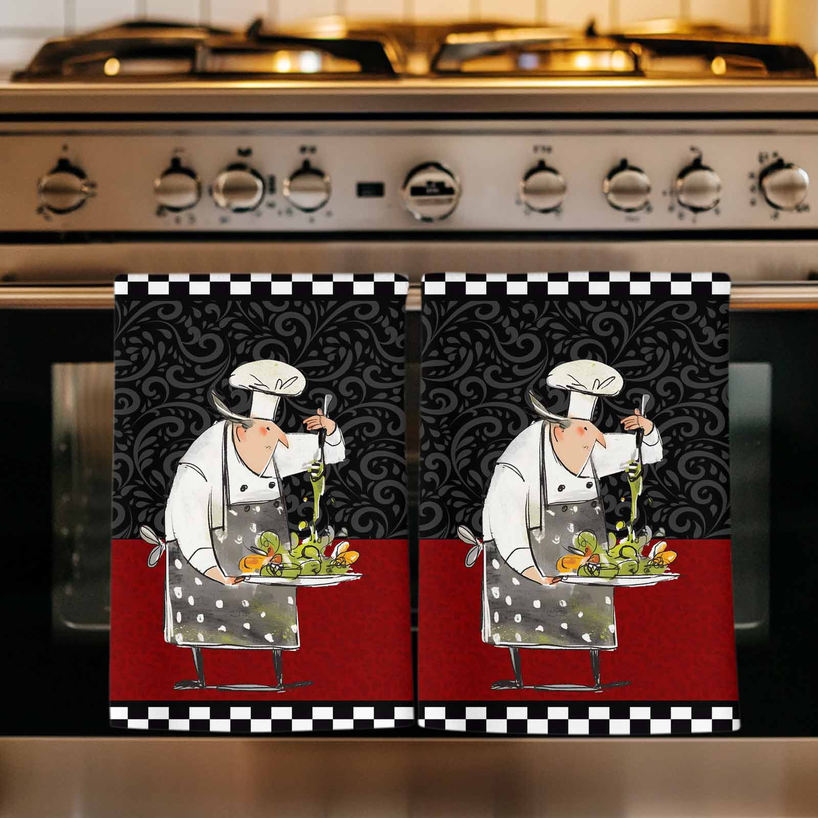 Dish Towels, Cooks Kitchens Absorbent Kitchen Towels 2 PCS, Funny Chef Black Buffalo Plaid Microfiber Hand Towels Dish Cloths Tea Towels for Home&nbsp;Bathroom Cleaning Drying,18X28-Inch,