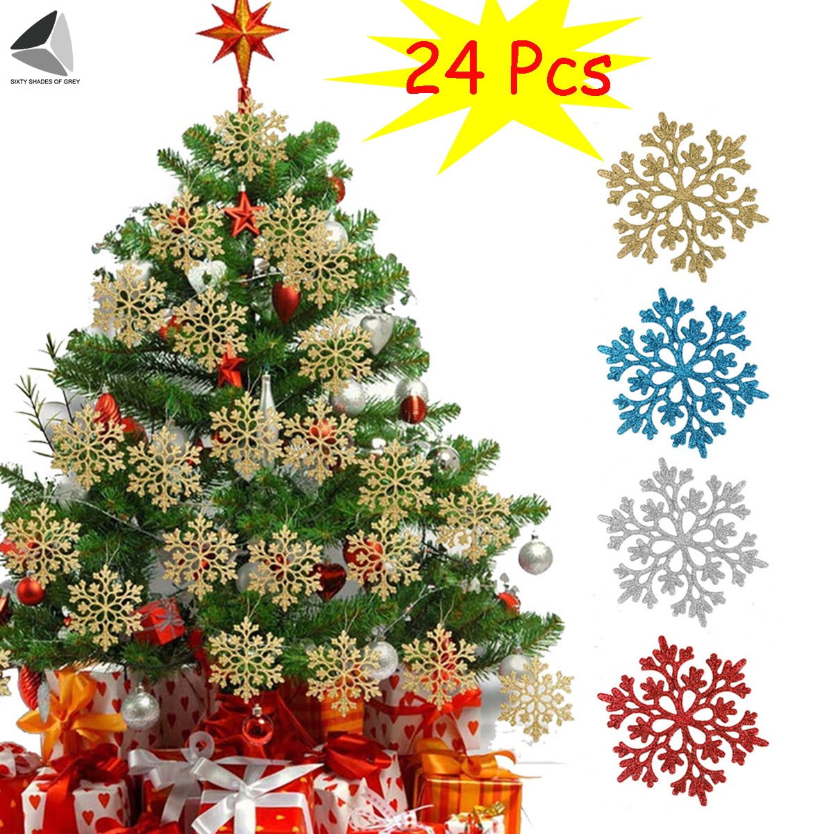 Sixtyshades 72 Pcs Christmas Hanging Snowflake Decorations Winter White  Glitter Snowflake Ornaments for Window Xmas Tree Ceiling (5.9 inch)