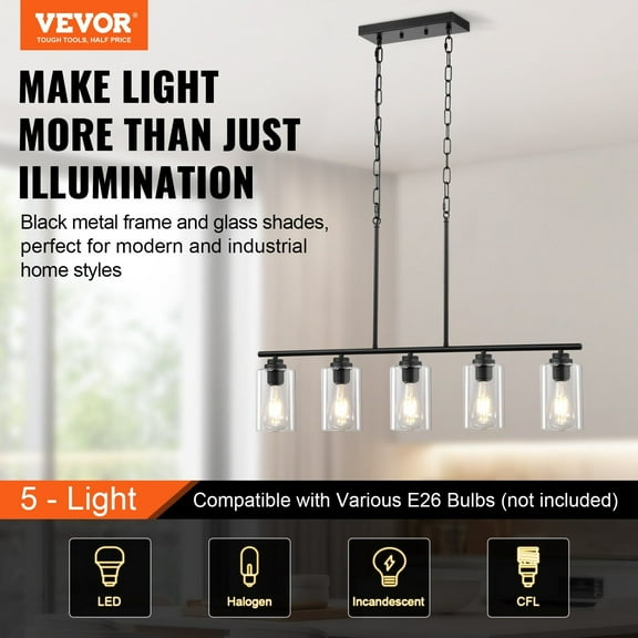 60W Kitchen Island Lighting, 5-Light Adjustable Pendant for Dining Room, E26 Bulb Included