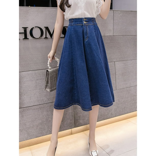 Tongliya 1 Denim skirt women s new high waist Korean version student mid length A line long skirt dark blue XL