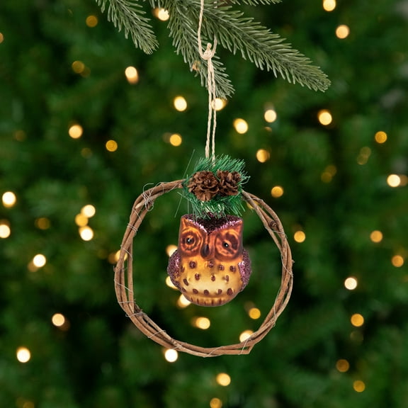 Northlight Glittered Owl in a Twig Wreath Glass Christmas Ornament - 5.25" -Brown