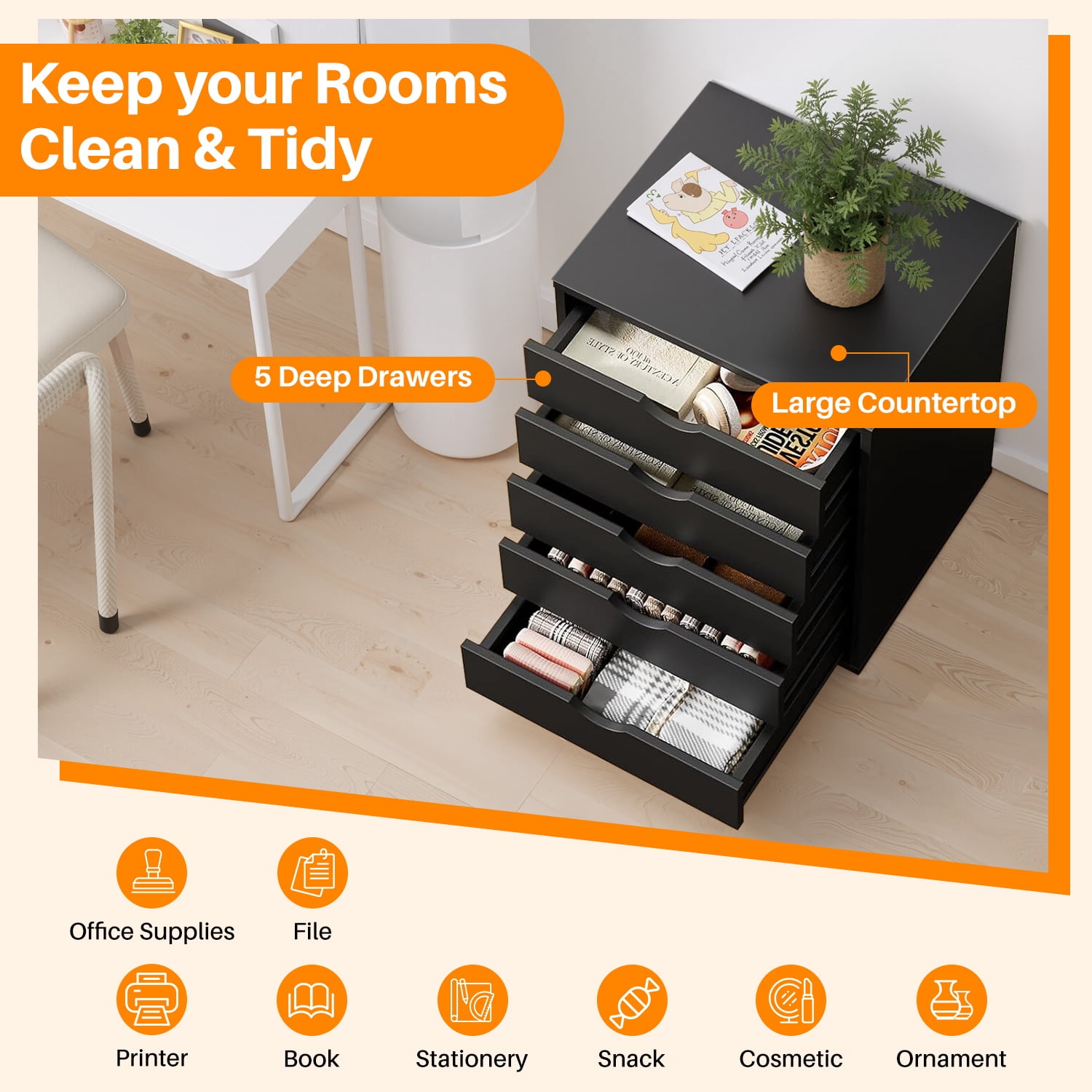 Simenmax 5 Drawer Chest Mobile Storage Cabinets Wooden Dresser with Wheels Room Organization Furniture for Office, Black