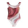 thumbnail image 3 of Girls Ruffle One Piece Swimsuit, Stretchy Fabric for Beach & Pool Activities Burgundy Marble Flow, 3 of 8