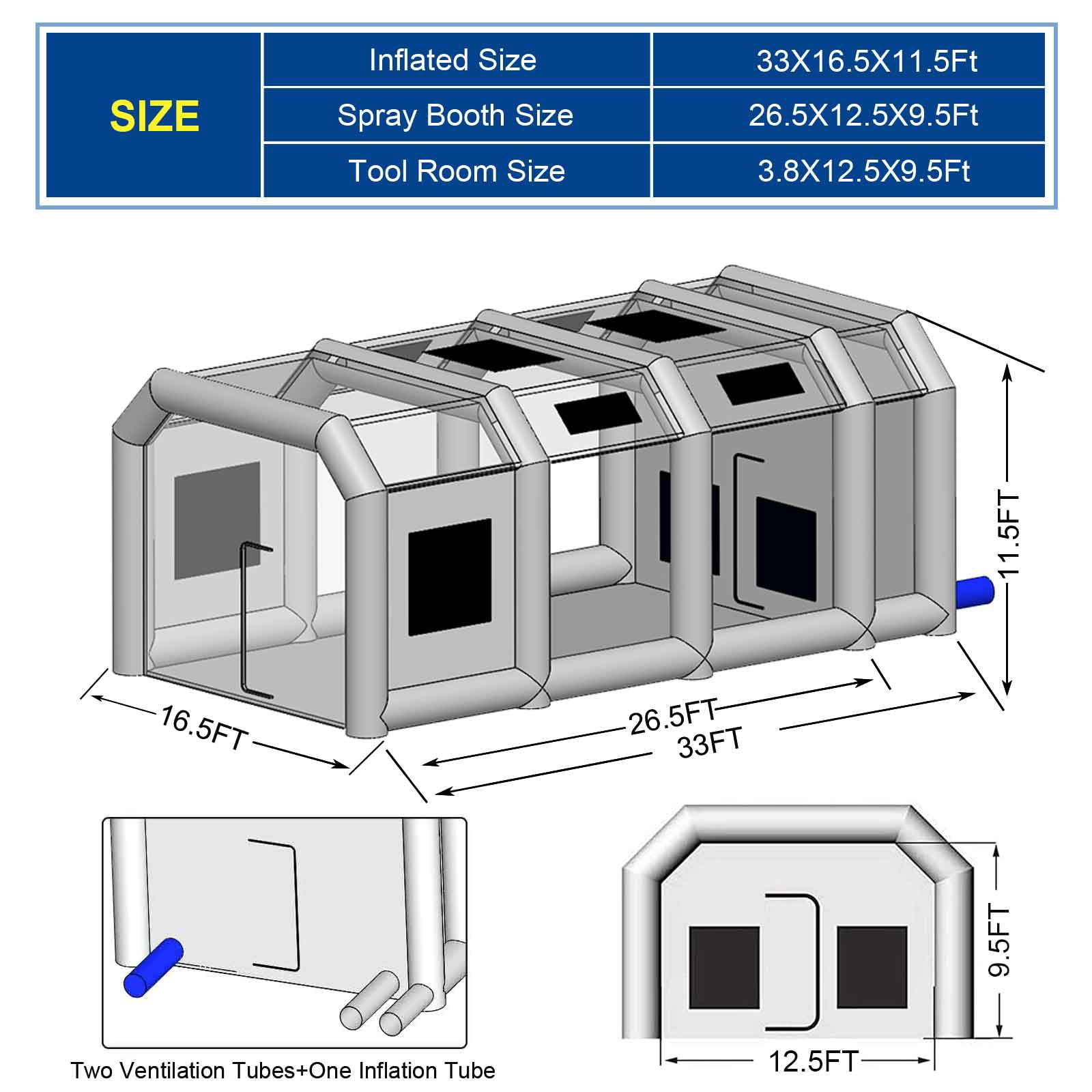 FLAPKWAN Inflatable Paint Booth 33X16.5X11.5Ft with 1100W+950W Blowers Portable Spray Paint Booth with Muliple Filters for Trucks, Car Parts, Furnitures and Other Painting, Drying and Polishing