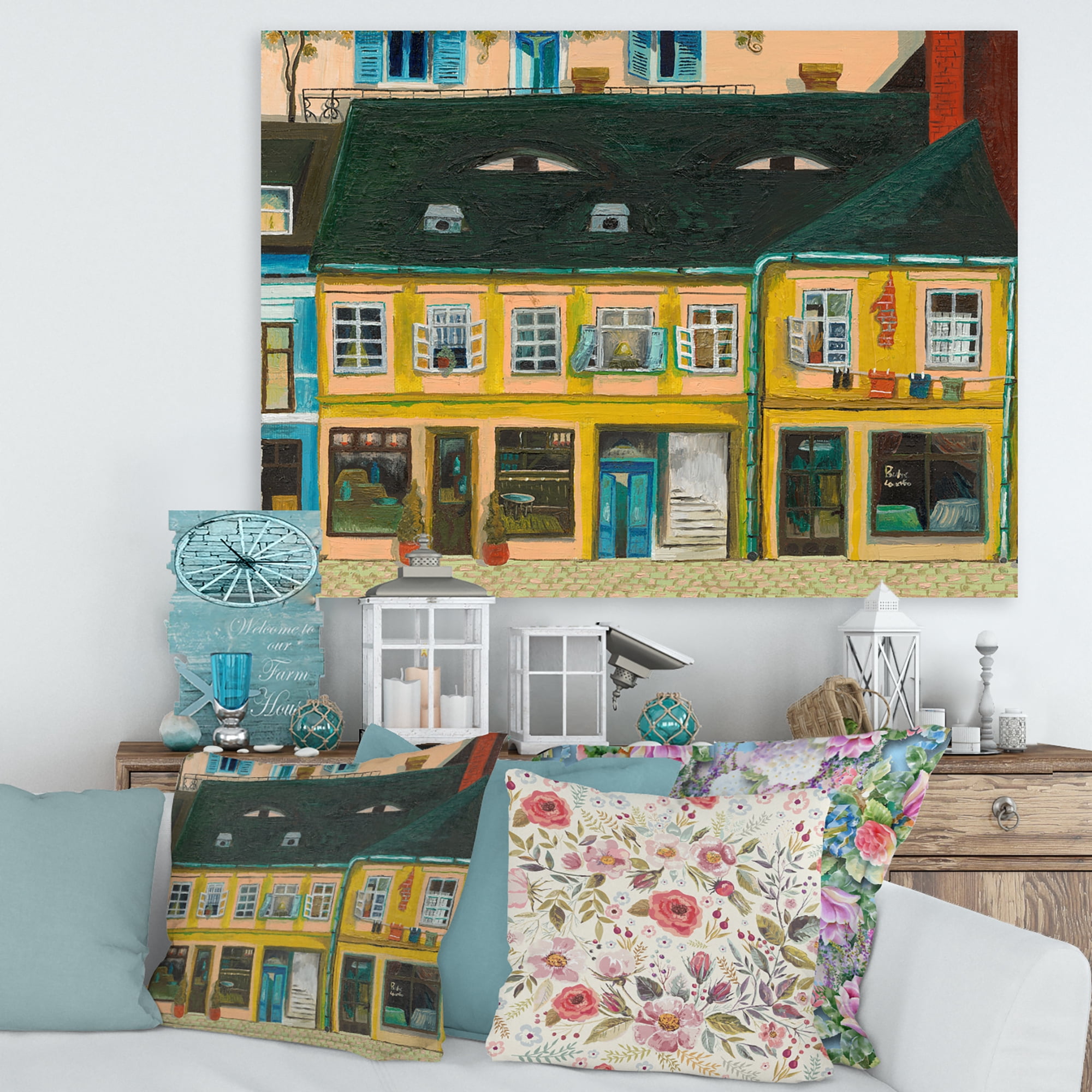 Designart ' Abstract Yellow Facade of Houses In Street In Paris ' French Country Canvas Wall Art Print