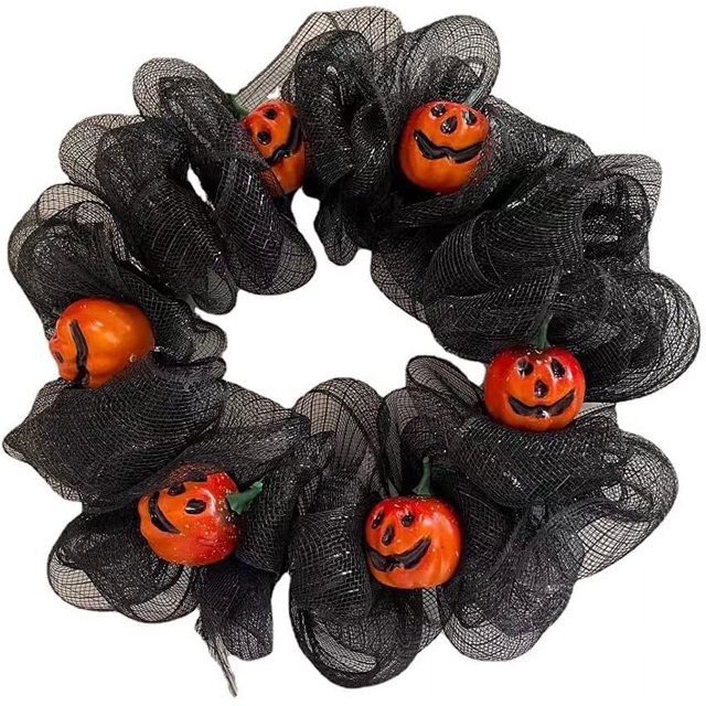 Corona de Halloween de 40 cm para la puerta de entrada con adornos de calabaza Colgante de fiesta de tul, negro, 1 pieza