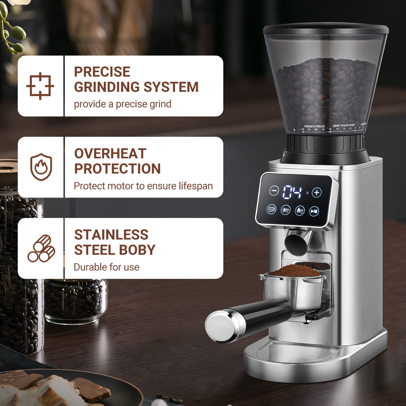 Sunmaki Electric Burr Coffee Grinder, 24 Grind Settings, LED Control Panel, Anti-Static Design, Silver