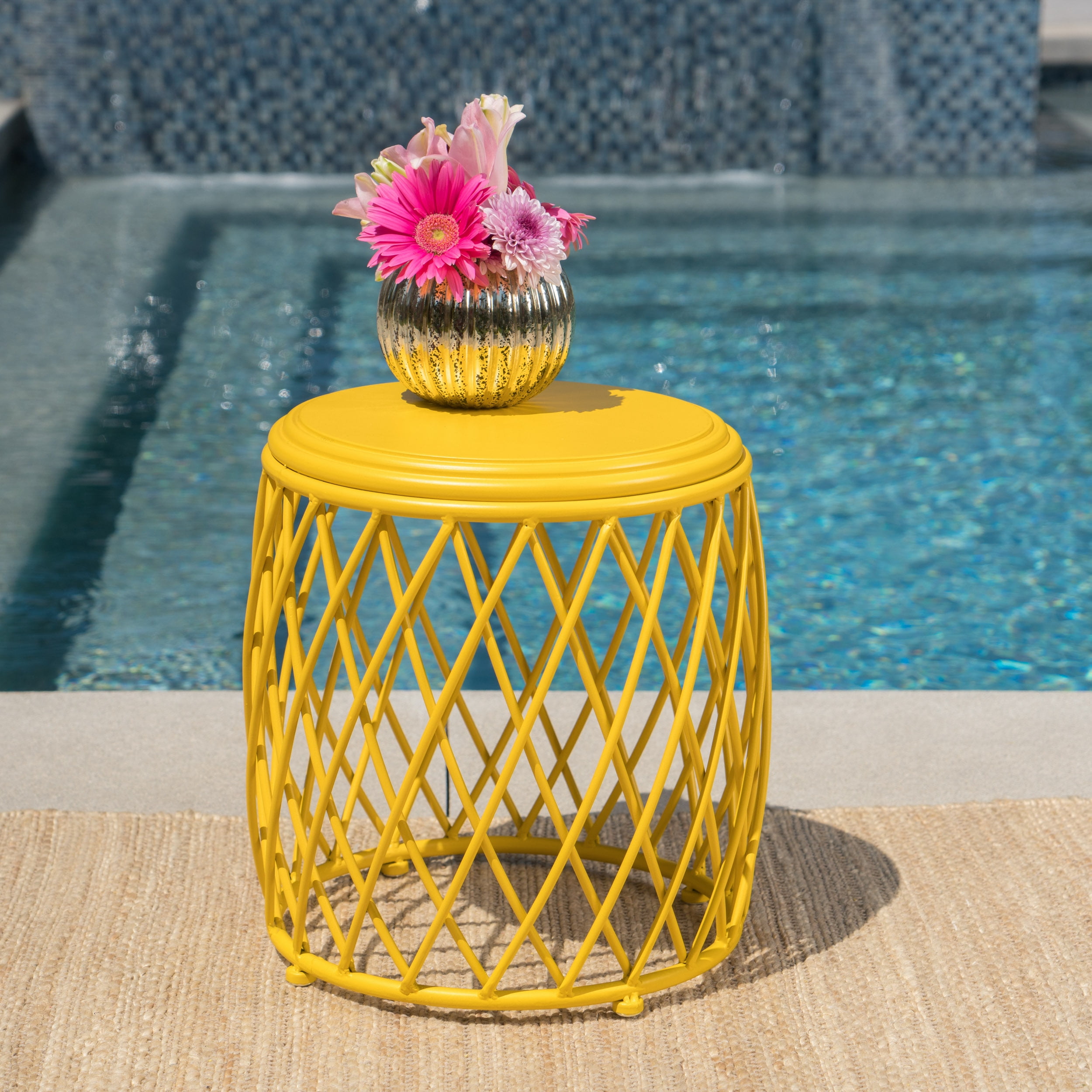 Alabama Outdoor 15 Inch Lattice Iron Side Table,Yellow