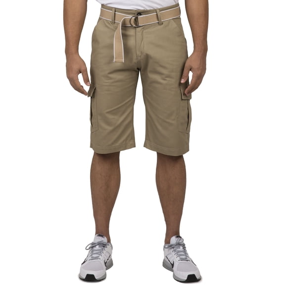 Vibes Men Khaki Cotton Canvas Cargo Shorts Matching Belt 13" Length