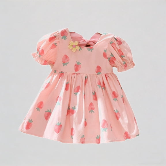 REDARER Toddler Girls' Strawberry Print Dress, Puff Sleeve Bow-Back Princess Dress, Casual Summer Dance & Party Outfit for Kids,18-24 Months