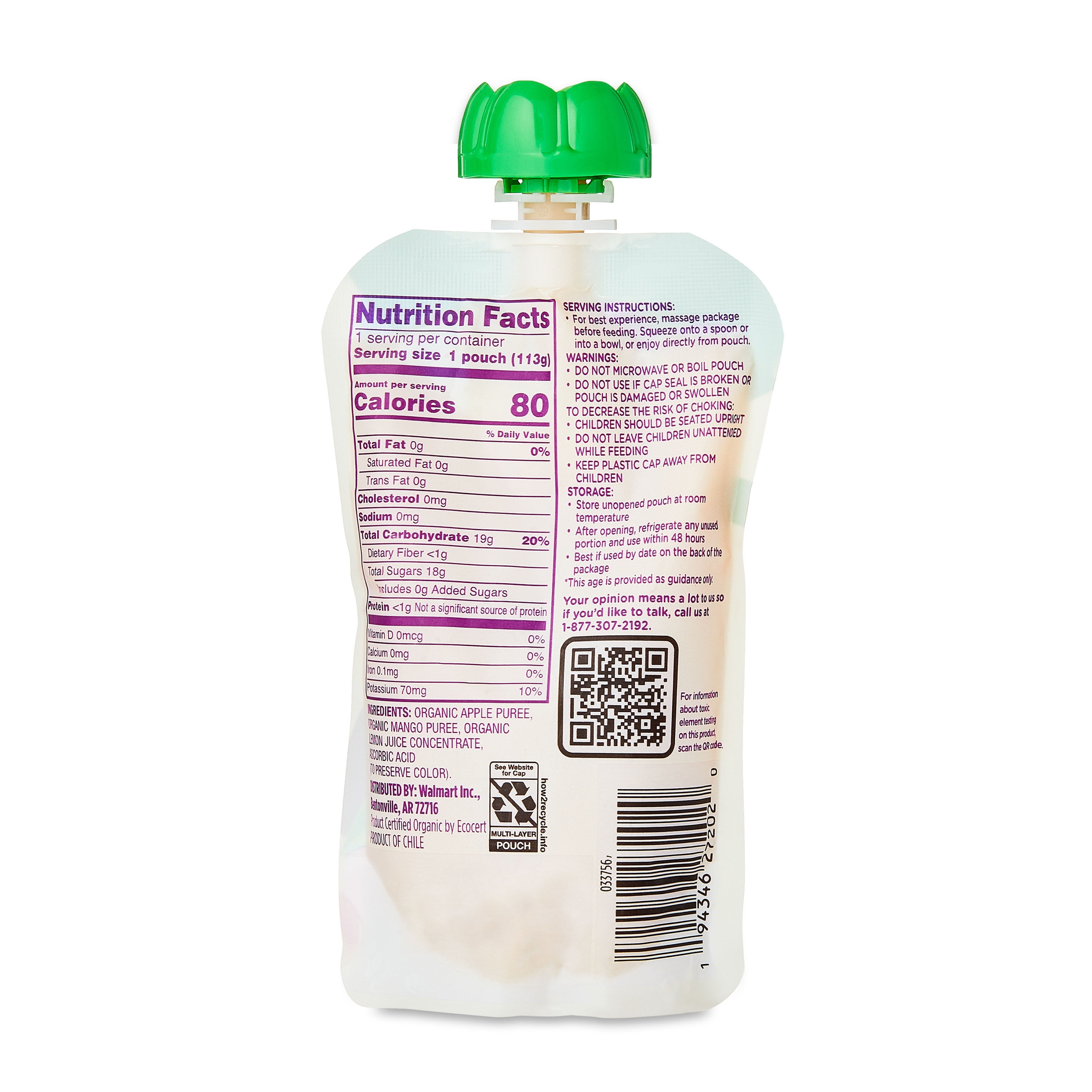 Parent's Choice Organic Stage 2 Baby Food Apple and Mango Puree, 4 oz Pouch