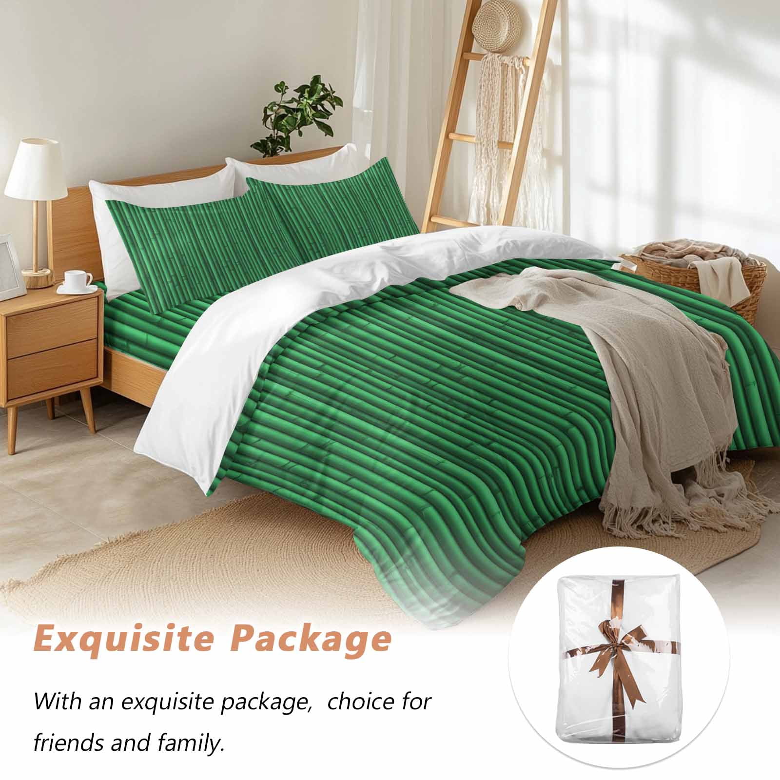 Green Bamboos Queen Duvet Cover Set, Natural Vintage Bamboos Tree Plant Image 4 Piece Microfiber Bedding Set with Zipper Closure, Bed Sheet and 2 Pillow Shams, Soft Bedding Cover