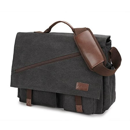 Sac Messager pour Hommes, Sacoche en Toile Résistante à l'Eau de 17 Pouces Grande Épaule Vintage Noire Mallette d'Affaires par RAVUO