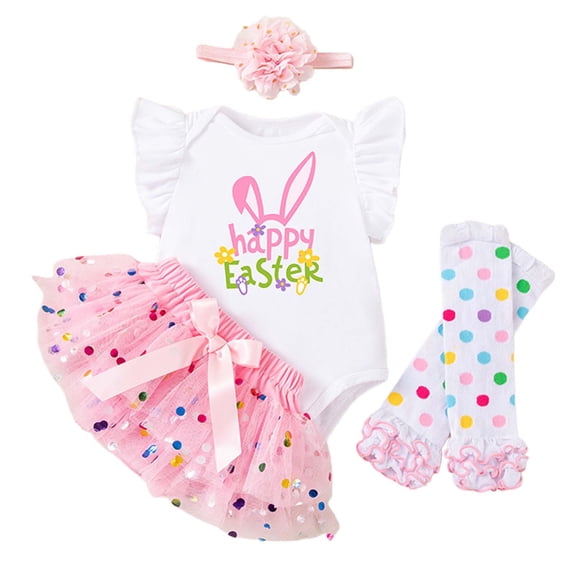FINALGANG Easter Baby Girls 4 Piece Set Flutter Sleeve Crewneck Bunny Print Jumpsui Glitter Tutu Skirt Matching Flower Headband Polka Dot Leg Warmers For Daily Casual Party Wear Cozy Set