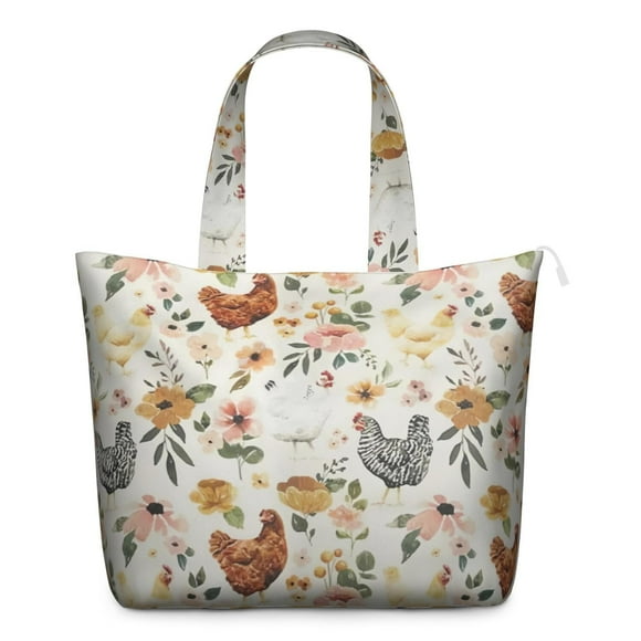 Farmhouse Chick Pattern Travel Duffel, Hand-drawn Chicken and Floral Egg Print Tote, Rustic Barn-Themed Weekender Bag for Women
