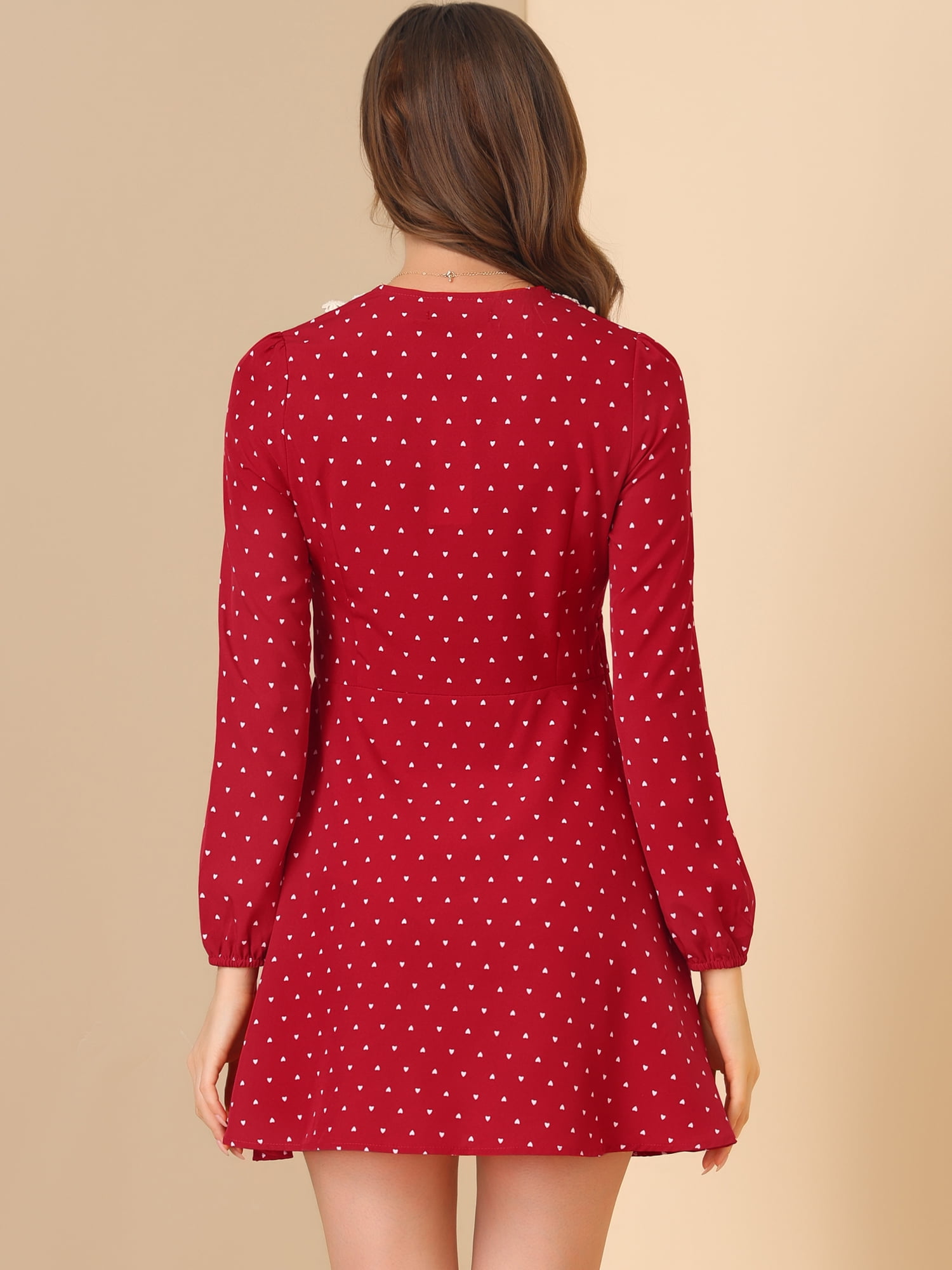 Unique Bargains Women's Peter Pan Collar Long Sleeve Heart Print Mini Dress M Burgundy