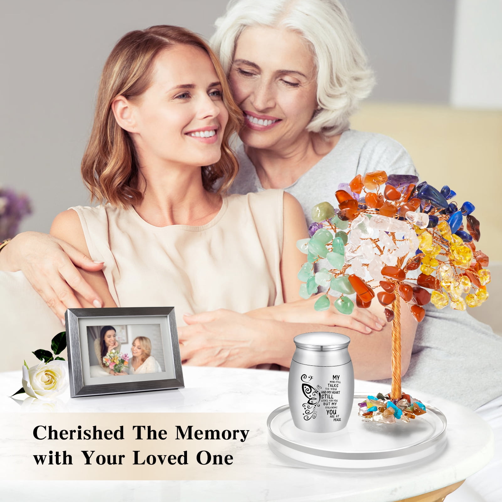 Small 1.57 Inch Tiny Urn for Human Ashes Stainless Steel Keepsake Urn, Mini Urn for Ashes with Colorful Crystal Tree Decoration, Butterfly Small Sharing Urn for Women Men - My Mind Still Talks to You